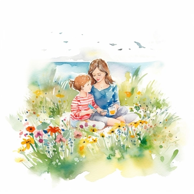 Mom and Me Watercolor, Clipart, High Res, Mother's Day, Mother's Love, waterpaint, fresh colors, happy, white backgroundm, simplified Art NouDe, a meadow, field with wildflowers and a family having a picnic or playing games., front to camera, version 4 style