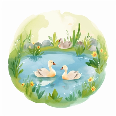 create an image of a pond with baby geese swimming on a white background, clipart, watercolor, 8k, vibrant