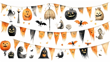 Halloween watercolor illustration set with different animals, text messages, streamers, Halloween symbols and shapes in black and orange color. Hand painted clipart on white background for design.