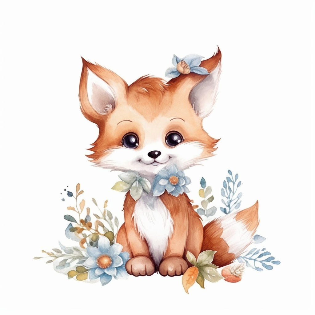 watercolor summer baby fox woodland creature on white backgroung ...