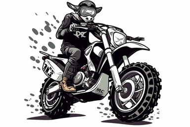 An Anthropomorphic Cow riding a motorcycle, dynamic sports graphic, caraciture style, Clean vector art, clipart, sticker, black on white background