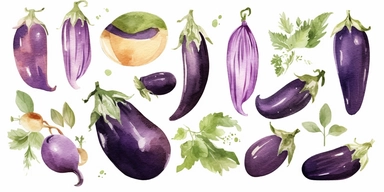 watercolor Eggplant vegetable clipart, flat style, no volume, few details, washed out, minimalistic style, very lose details, very light colors, transparent colors, light airy hues and pastel tones, spaced out, white background, washed out colors and paint, hand-painted watercolor, watercolor spray, watercolor splash, splatters and paint smudges on top of each Eggplant, watercolor paper with visible rough paper texture, a variety of watercolor brushes, do not cross workspace borders, rough water
