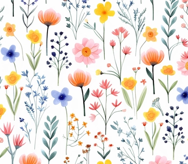 flora, flowers, Watercolor, vector, white background, clipart, Seamless patterns, repeating patterns design, flat illustration, outlined , Vector, 4K, Art station, digital print, highly detailed clean, A detailed illustration a field,3D vector art, cute and quirky, fantasy art, watercolor effect, bokeh, Adobe Illustrator, hand-drawn, digital painting, low-poly, soft lighting, bird's-eye view, isometric style, retro aesthetic, focused on the character, 4K resolution, vector image, photorealistic 