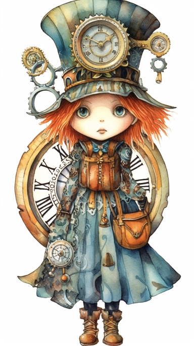watercolor steampunk owl entire body on a steampunk clock and a cute doll illustration clipart by holly hobbie and mary engelbreit