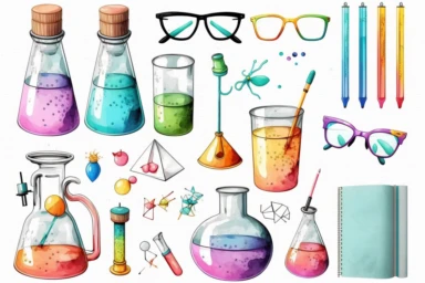 simpel set of laboratory stuff clipart, labor glasses, molecular, watercolor style, black outlines, strong colors, for childrenbook, white background, 16k,