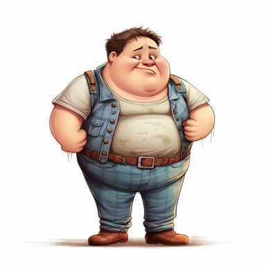 cartoon clipart funny style of very overweight 5 year old boy in dirty clothes.
