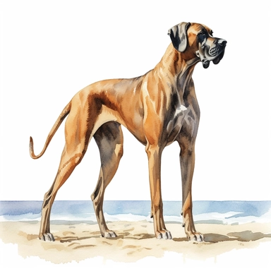 side view realistic high detailed, Hand drawn watercolor clipart of brown Great Dane just like scooby doo, on a beach, on a pure white background for background removal