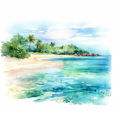watercolor chic illustration of a beach in the bioluminescent bay, Vieques, Puerto Rico, sparse and simple bright watercolor, mostly blank, beatiful, clipart, sticker art, flat 2d, 8k, high definition, white background