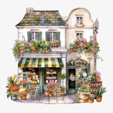 watercolor clipart flower shop , France, view from above ,single object,png,transparent ,watercolor styles, white background for removing background- - no text shadow