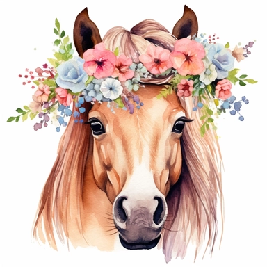 isolated clipart, cute horse with flowers on its head, highly realistic, flickr, watercolorist, uhd image, multi-layered mixed media
