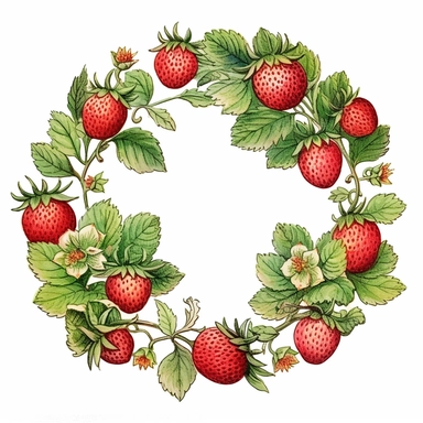 Tart strawberry wreath clipart, in the style of ethereal foliage, transfer, close up, cinquecento, decorative borders, avocadopunk, iso 200, white background