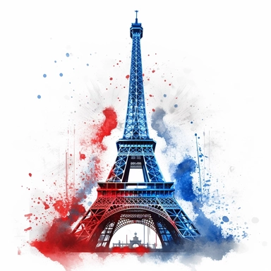realistic and detailed eiffel tower with blue, white and red splash of watercolour in the background clipart on a white background