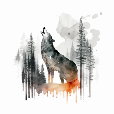 photo of a beautiful howling grey wolf in the woods, watercolour clipart, minimalist, white background, 8k, 1606016102