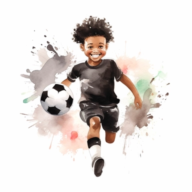 cute Watercolor cartoon happy black soccer player, clipart, white background