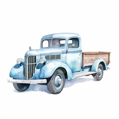 realistic watercolor drawing of a light blue american vintage truck in a farm, on a white background where the background will be removed to repurpose as a clipart.