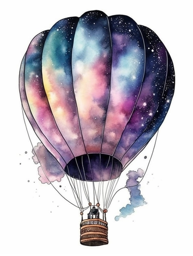 fantasy watercolor clipart with white background, hotair balloon with a galaxy design wrapping around the balloon, incorporate an artistic theme and meticulous attention to stitching and gradients, flat design, clearly defined separated image, high quality