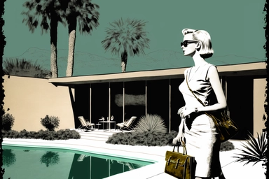 letraset clipart of a the backside of beautiful wealthy elegant 45 year old woman standing with her back to us, holding designer purse in front of a midcentury brutalist house swimming pool in palm springs, 1960's, happy, friendly, sunglasses, washingtonia palms, low camera angle, pool, style of bob peak, style of slim arrons