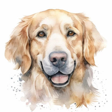 close up high detailed, Hand drawn watercolor clipart of a cute Golden Retriever in Italy farm, on a white background