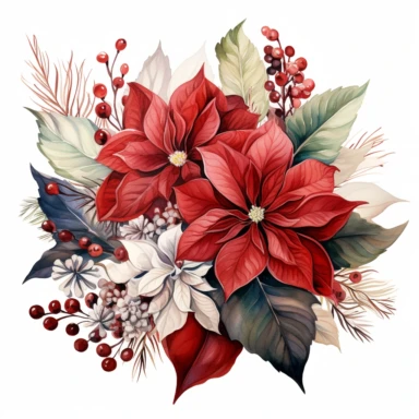 A isolated watercolor clipart, christmas red poinsettia bouquet, white background, Art Nouveau, highly detailed,