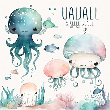 Undersea watercolor clipart, nursery decor, kawaii baby wall art, octopus, jellyfish, whale, cute ocean animals no text