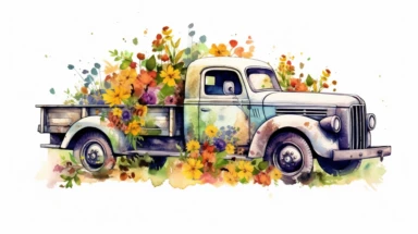 Wildflower Truck Clipart in watercolor, white background, nothing else in the background, masterpiece, close to perfection, rich colors, 32k, HDR,