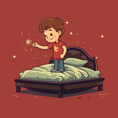 draw a little boy making up his bed with solid background cartoon vector clipart in the style , flat and simple and roundy illustration for little kids