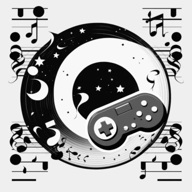 clipart representing videogame music, with a joypad in the centre. Beautiful, flat, classic style, black and white, round image borders
