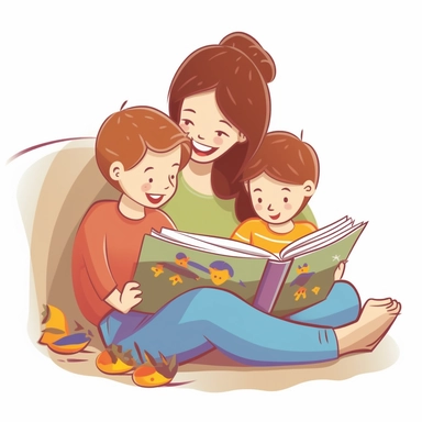 Mom Reading Book for Her Children Clipart: Literary Adventure, Imagination Unleashed, Cozy Reading Nook, Family Storytime, Intellectual Bonding Camera Type: Digital DSLR. Camera Lens Type: Prime lens. Time of Day: Afternoon. Style of Photography: Candid.