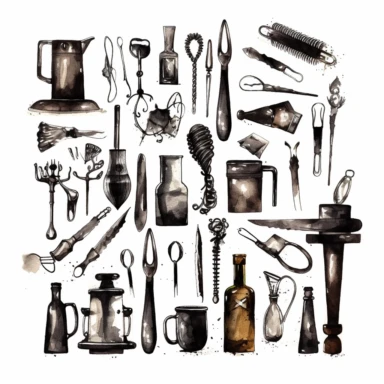 shawn coss silhouette, bar tools clipart, add some color shades, vintage style, old fashion, artwork, white background, 4k, detailed