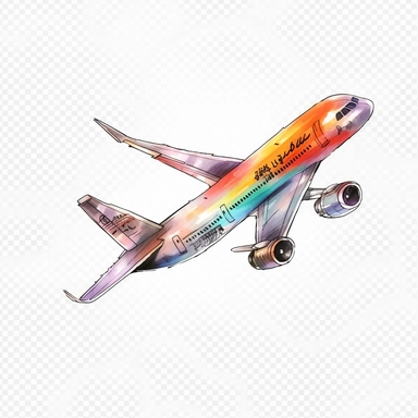 Watercolor: airplane summer full body png realistic cartoon 32k UHD cute 15cm thick outline black color no shadow on the floor. With illustrations , realistic watercolors and detailed illustrations Cartoon, PNG clipart, transparent white background