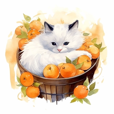 Watercolor black colored nose white birman kitten peacfully sleeping in a laundry basket clipart, birman breed kitten, peacefully sleeping kitten, eyes closed, similing kitten, surrounded by oranges and orange leaf and branches, couple of oranges, high detail oranges, high quality drawing, high quality, body visible, summer colors, hairs are visible, summer day theme, valentines day theme, full body kitten, crawling in basket, peacefull feeling, childlike innocence and charm, shy kitten, Oh my g