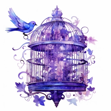 purple highly detailed watercolor clipart, charming birdcage in vibrant colors, fantasy, highly detailed, fantasy cartoon illustration, different shades of purple, whimsical, UHD, 8K, 3D, solid white background