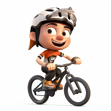 cartoon chibi boy riding a mountain bike downhill in action, smiling, wearing a bicycle helmet with straps,full body, downhill bicycle clipart, Sport graphics, isolated on white background, 3d, rendered by pixar