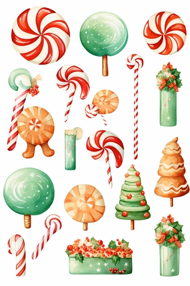 watercolour of a variety of Christmas Candies and cookies. Red and Green Gumdrops, Candy Canes, Peppermints, ginger breads, ribbon candy, clipart variations, simple, vector, 8k