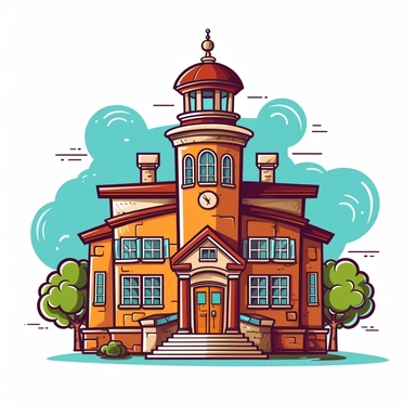 Infuse your designs with a sense of education and community using a delightful cartoon-style clipart of a school building on a clean white background. Envision a lively and personified school building, with a friendly facade, animated features, and perhaps even smiling windows. The building can have playful architectural elements, symbolizing the spirit of learning and growth. Against the white background, the cartoon-style school building clipart will create a visually striking contrast, captur