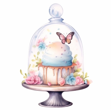 whimsical watercolour clip art against a white background easter themed cupcake under a glass dome  - <@1098423716465102849> (Waiting to start)