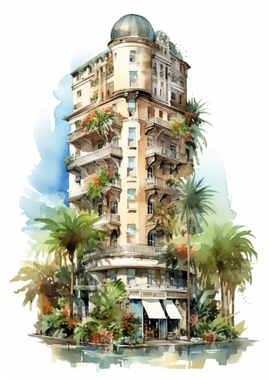 ultra detailed watercolor summer hotel, isolated on white background, realistic, clipart