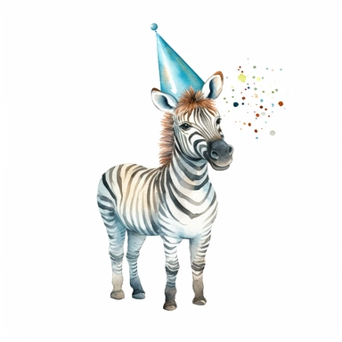 watercolor cute safari animal smiling Zebra clipart, with party hat, full body, on a white background