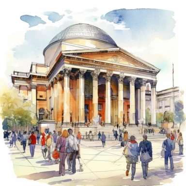 A detailed illustration of the British Museum, one of London's most well-known landmarks, Clipart, watercolor, white background, intricate detail