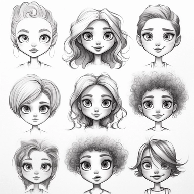 types of girl face cliparts printable, in the style of cute and dreamy, dynamic and expressive animations, pencil sketch