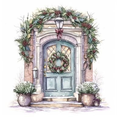 Front Door with Christmas style by Lucy Fleming, watercolor, smooth gradients, black contour outline, ultra detailed, clipart elements, delicate pastel colors, solid white background, super clear, high quality
