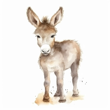 a friendly baby donkey with smiling face and kind eyes clipart with watercolor illustration,full body shot,8k,etsy style, white background