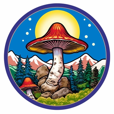 graphic bold, magic mushroom round logo, clipart, Colorado state flag colors