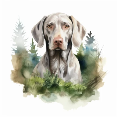 close up high detailed, Hand drawn watercolor clipart of a cute Weimaraner hunting forest, on a white background