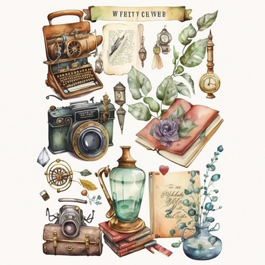 vintage watercolor clipart, keys, pen, ink, stack of letters, envelope, camera, telephone, alarm clock, typewriter, gramophone