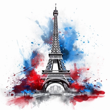 realistic and detailed eiffel tower with blue, white and red splash of watercolour in the background clipart on a white background