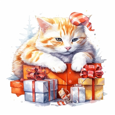cozy orange-white cat with christmas time presents, clipart, watercolor technique, black contour lines, octane render, K8,