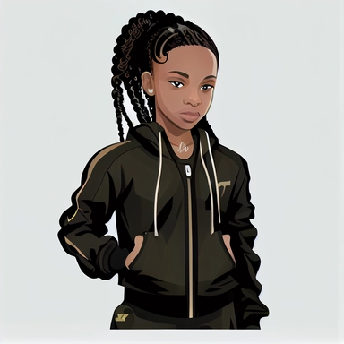 in clipart style Full face portrait centered, full body portrait, with a plain white background of 8k polished award wining photography of neon future branded high fashion and accessories of a stunning black african american little 16 year old kid, wearing a r&b Hip hop sweat suit, with long beautiful braids up in a ponytail with smooth brown skin no blemishes, with beautiful long eyelashes and award winning beautiful hazel colored eyes, wearing gold hoop earings in her ears and a matching gold 