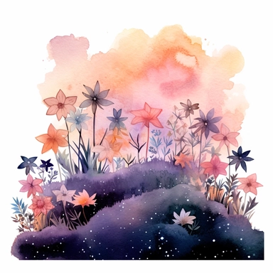 watercolor stars at twilight over flowers illustration clipart, in the style of use of boho tones, intricate storytelling, dramatic color palette, rounded, ephemeral installations, elaborate borders, romanticized depictions of wilderness, clipart, blank white background