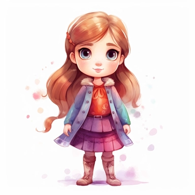 Toddler princess anna cartoon watercolor, round face delicate her long hair sharp and detailed her outfit like the original princess, character should be well drawn with soft tones a very clear smile confident and a head lightly painted in watercolor the character is a one year old baby should be on a white background clipart